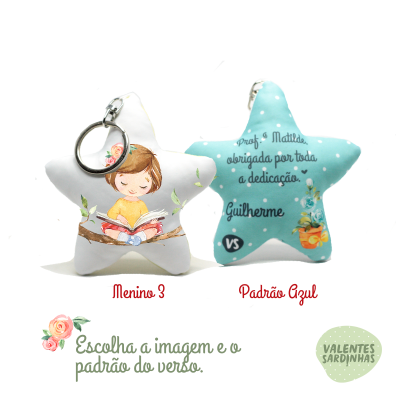 Porta-chaves em forma de estrela com imagem de menina a ler e texto azul claro de agradecimento
