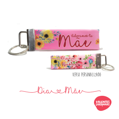 Porta-chaves rosa com texto e girassóis, personalizado, com logótipo Valentes Sardinhas