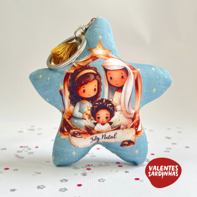Porta-chaves estrela azul com Sagrada Família e texto Feliz Natal