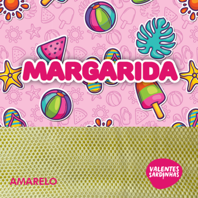 Embalaquem rosa com desenhos verão e texto Margarida, amarelo e Valentes Sardinhas