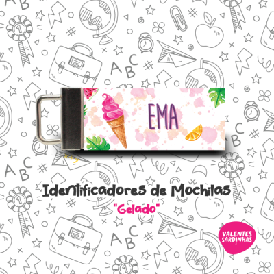 Identificador de mochila com design de gelado e nome EMA em formato aquarelado