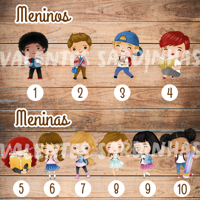 Ilustrações de 10 crianças, meninos e meninas, numeradas, com roupas coloridas, livros e mochilas em fundo de madeira.