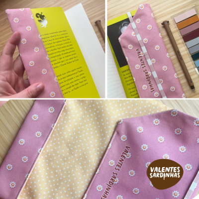 Estojo de tecido rosa com margaridas e etiqueta VALENTES SARDINHAS