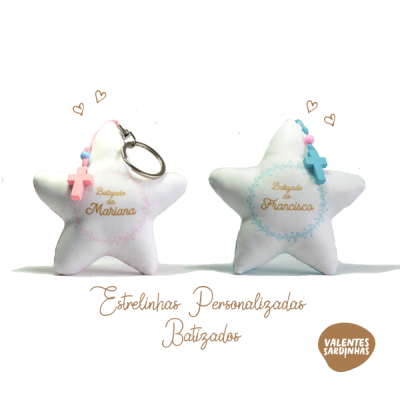 Estrelas de peluche personalizadas para batizados com cruz rosa e azul
