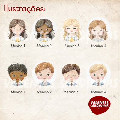 Ilustrações de quatro meninas e quatro meninos com diversidade de características, texto 'Ilustrações:' e logo 'VALENTES SARDINHAS'.
