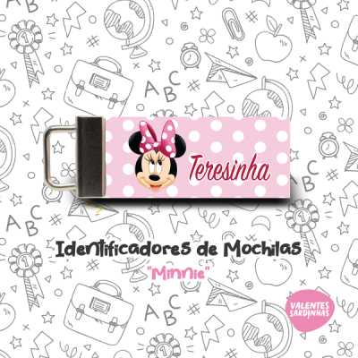 Identificador de mochila Minnie rosa com nome Teresinha e fecho metálico