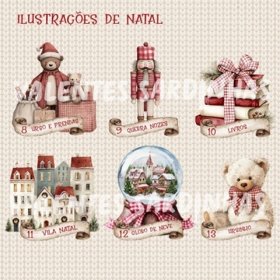 Ilustrações de Natal com ursinhos, quebra-nozes, livros, vila, globo de neve e ursinho em fundo tecido bege.