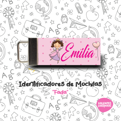 Identificador de mochila rosa com fada e nome Emília