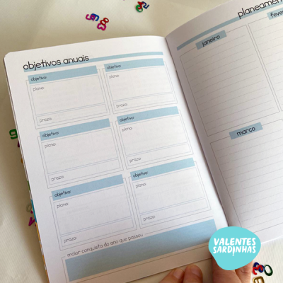 Caderno aberto com formulário para objetivos anuais e planeamento mensal.