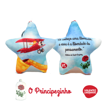 Almofada estrela azul com avião vermelho e texto em português