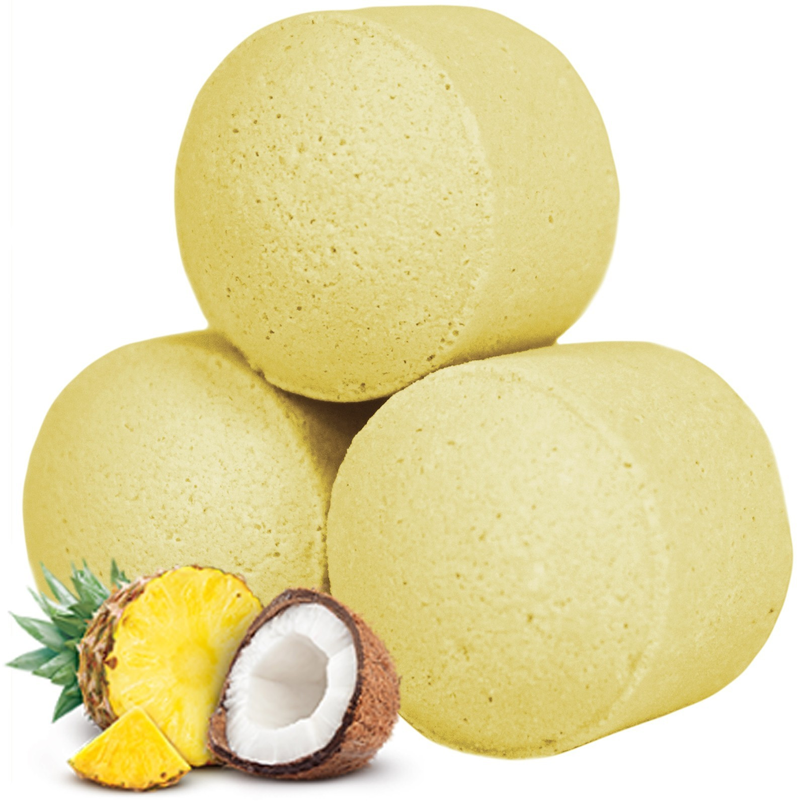 Bombinhas de Banho - Piña Colada Bombons amarelo claro com pedaços de abacaxi e coco