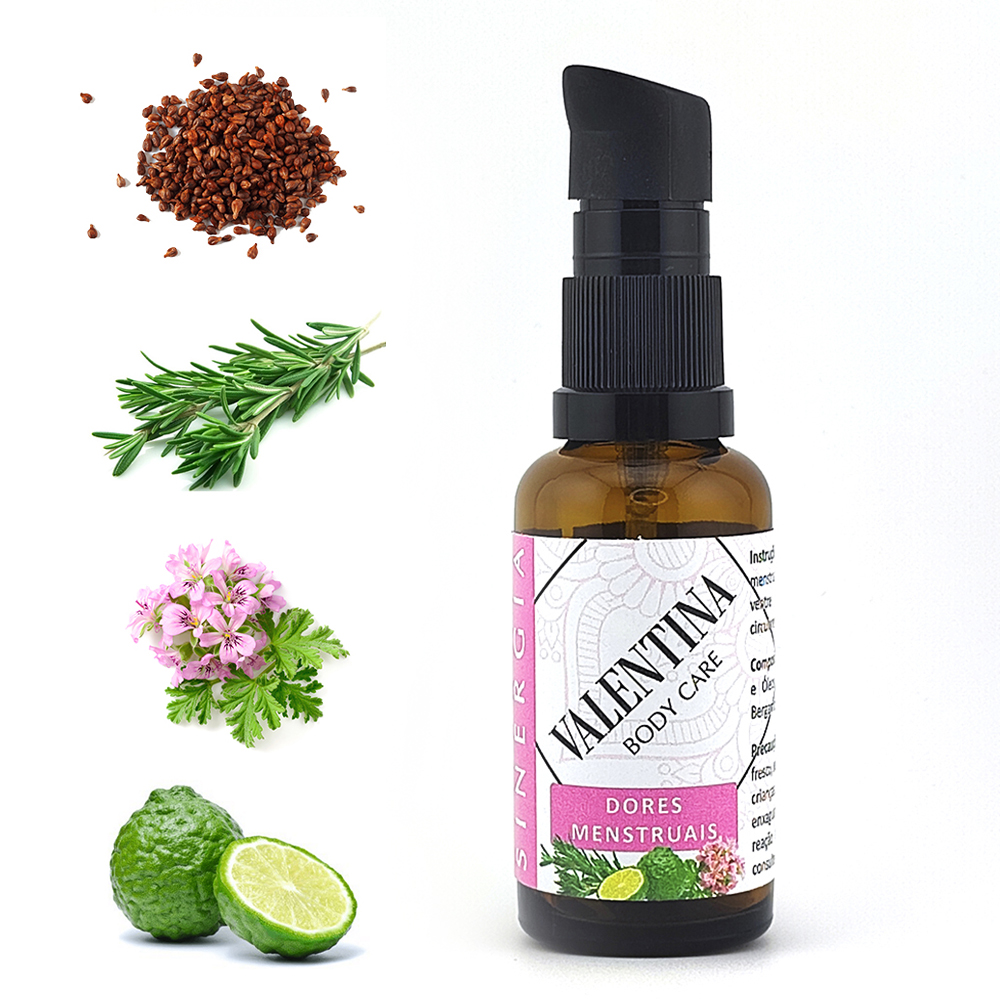 Sinergia Natural Dores Menstruais Frasco de vidro âmbar de cuidado corporal Valentinna com ingredientes naturais ao lado