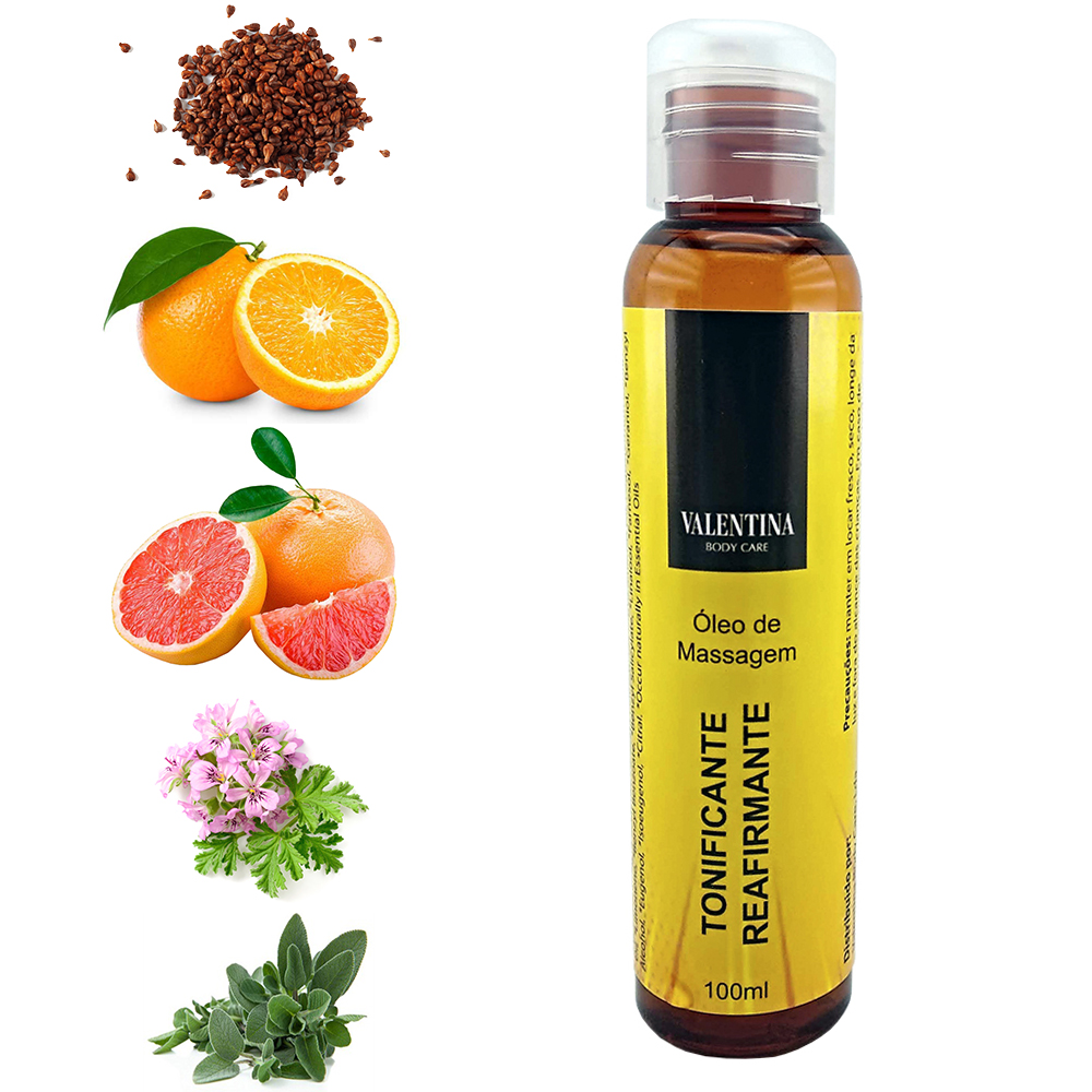 Óleo Massagem Tonificante Reafirmante Frasco de óleo de massagem tonificante reafirmante Valentina com frutas e ervas ao lado