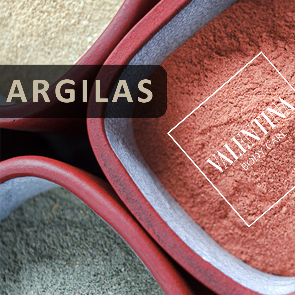 Potes vermelhos com argilas em pó vermelha e verde e texto VALENTIN BODY CARE