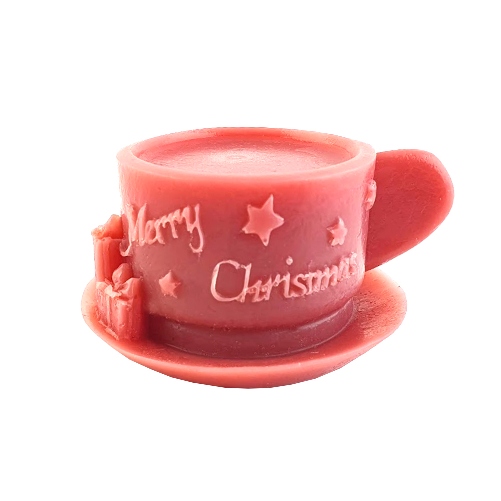Chávena Merry Christmas 3D em Sabonete Vela vermelha em forma de chávena com texto Merry Christmas e decoração com estrelas e presentes