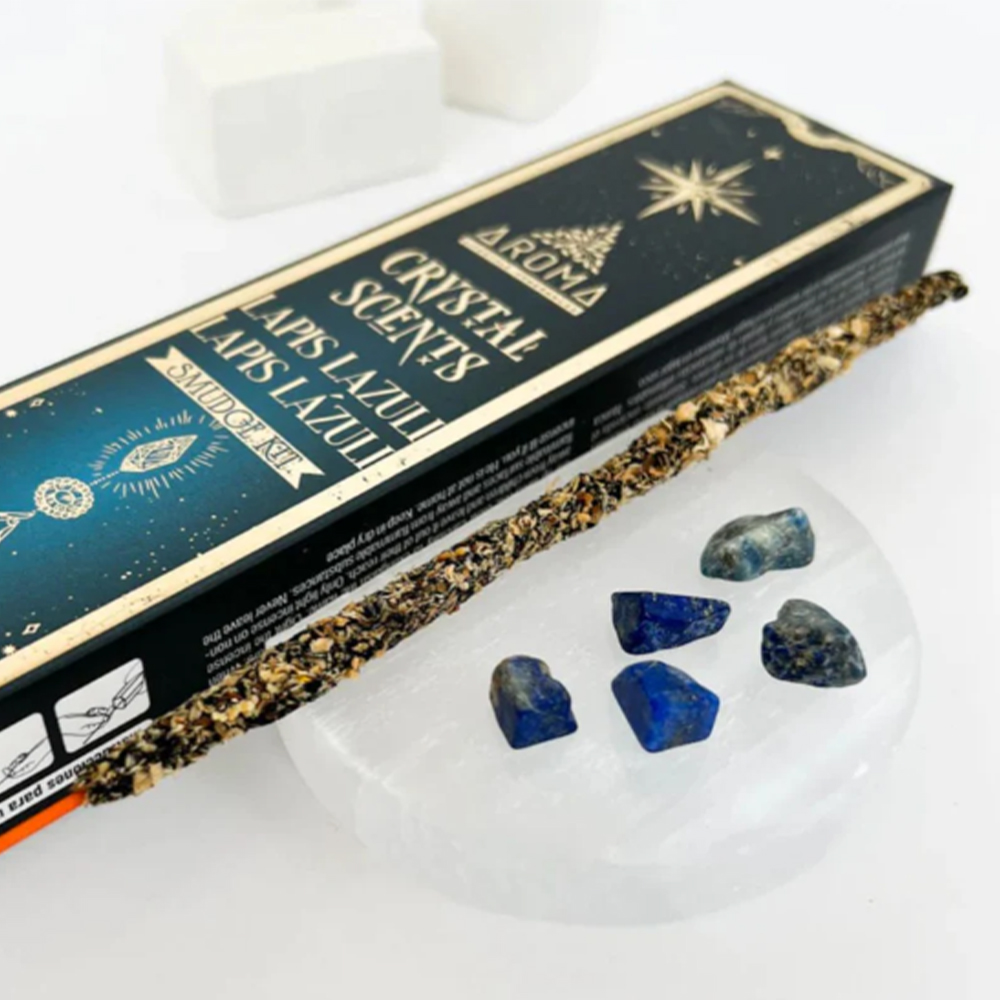 Kit de Incenso com Lápis-Lazúli Incenso em pau com cristais azuis e embalagem preta com dourado