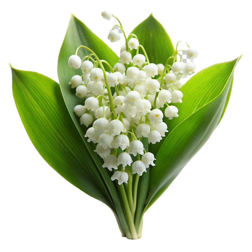 Essência Aromática de Lírio-do-Vale (Muguet) Ramo de lírios do vale com flores brancas e folhas verdes