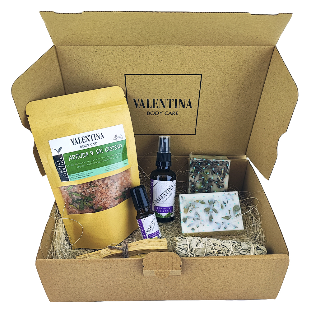 Kit Limpeza Energética Conjunto VALENTINA BODY CARE com sais de banho, spray, óleo e sabonetes naturais em caixa de cartão