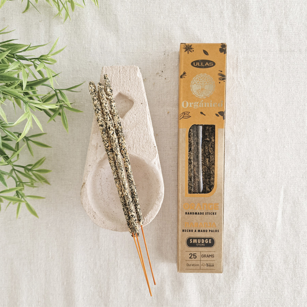 Incenso Orgânico de Laranja Varas de incenso artesanal com embalagem castanha ao lado e planta verde em fundo neutro