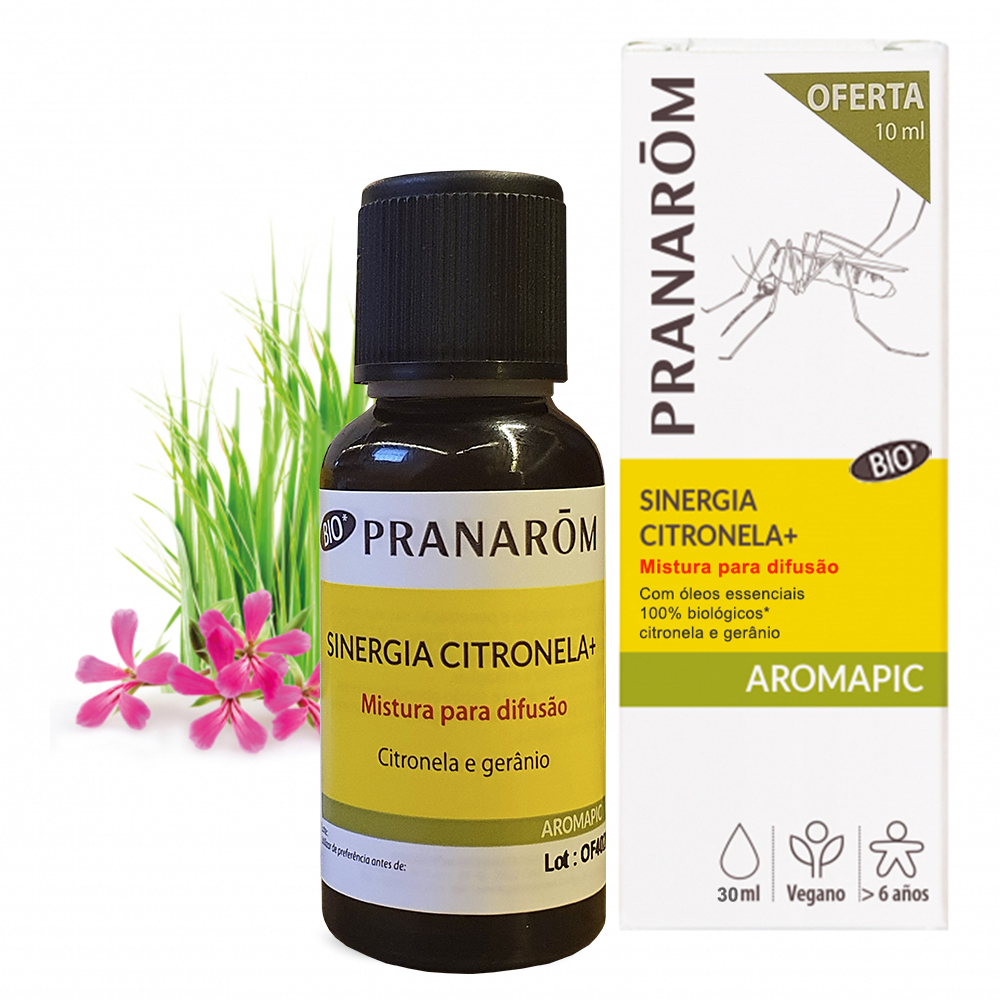 Citronela+ 30ml - Sinergia Difusão Pranarom Frasco e embalagem do produto PRANARÔM Sinergia Citronela para difusão