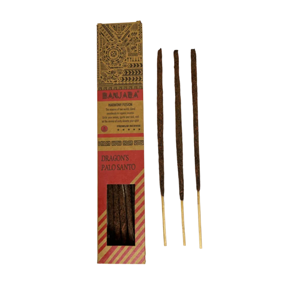 Incenso Natural de Sangue de Dragão e Pau Santo Incenso Banjara Dragons Palo Santo com embalagem vermelha e castanha e palitos de incenso