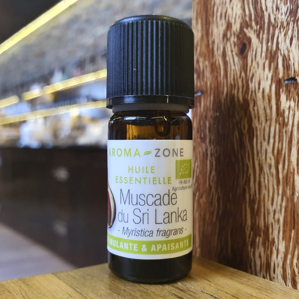 Óleo Essencial de Noz Moscada Bio Frasco de óleo essencial Muscade du Sri Lanka com rótulo branco e tampa preta