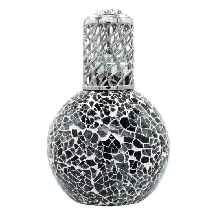 Lâmpada Catalítica Mosaico Onix Frasco redondo decorativo preto e branco com tampa prateada tipo treliça