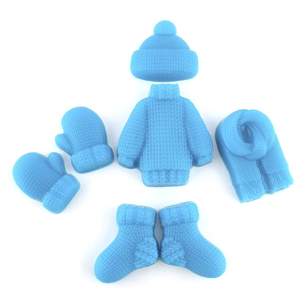 Conjunto Tricot em Sabonete Conjunto azul de acessórios de boneco com textura de tricô