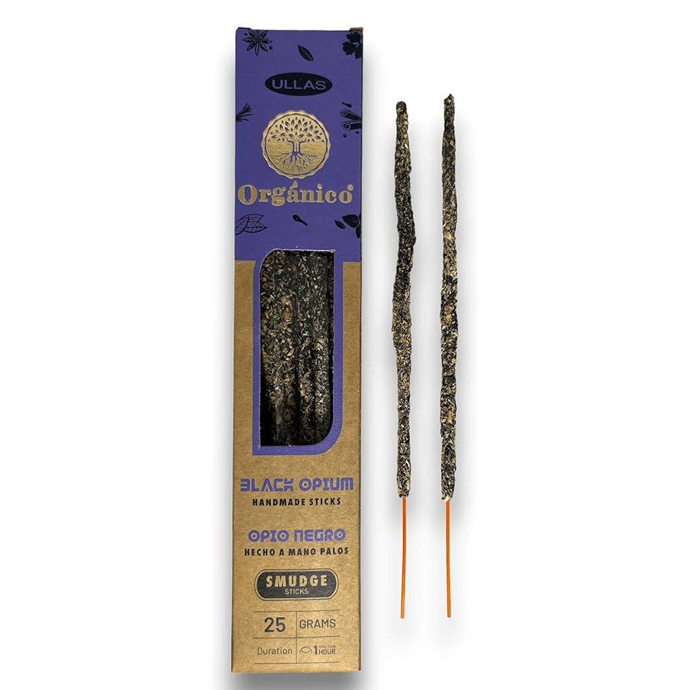 Incenso Orgânico de Ópio Negro Caixa de incenso ULLAS Orgânico com palitos de incenso pretos e laranja ao lado