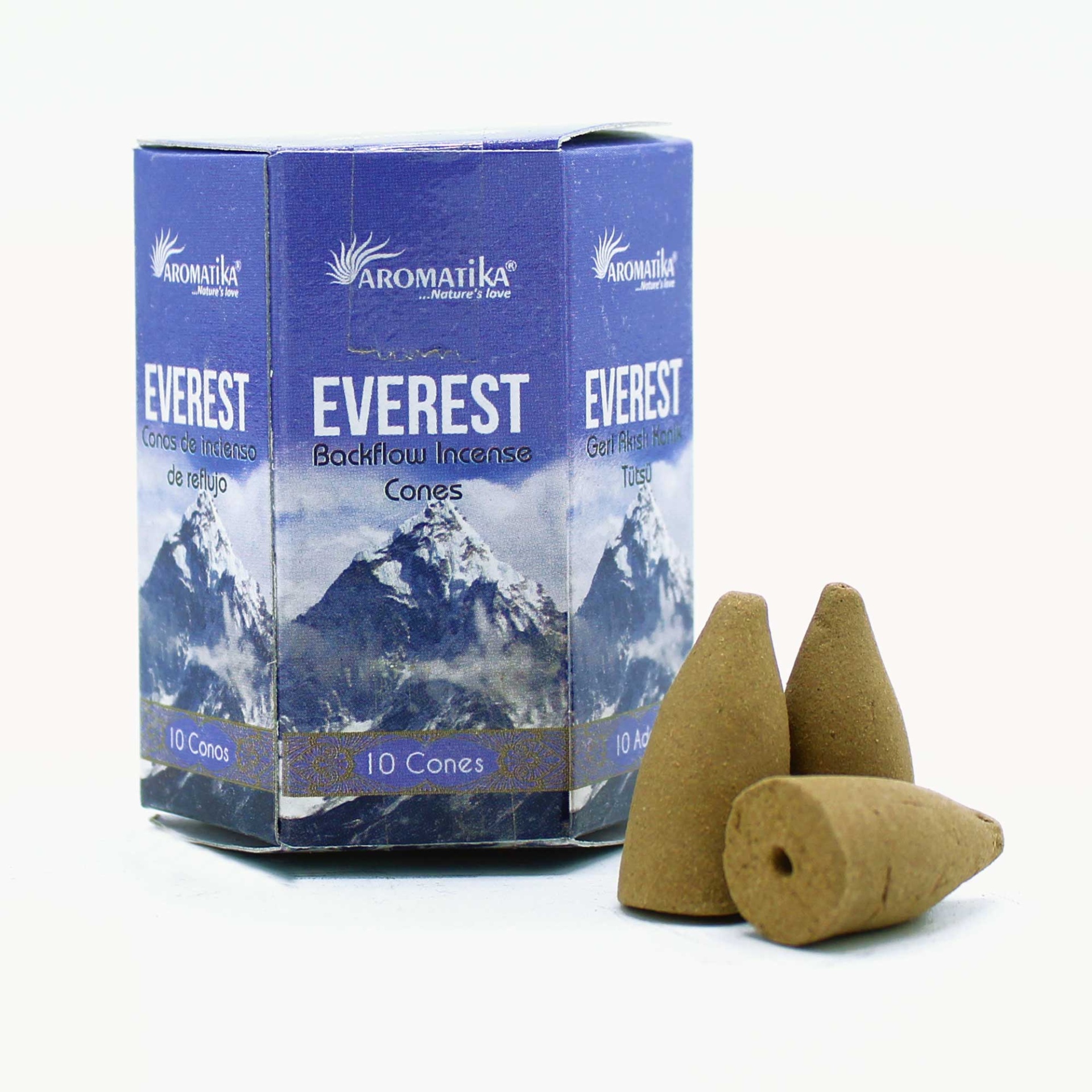 Cones incenso Refluxo Massala - Everest Caixa azul de incenso Everest e três cones de incenso castanhos