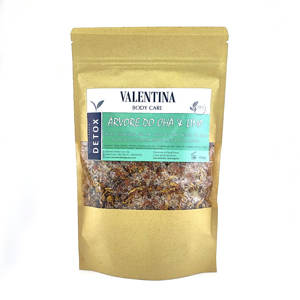 Sais de Banho Desintoxicante Pacote de chá detox Valentina Body Care em saco castanho com etiqueta branca e verde.