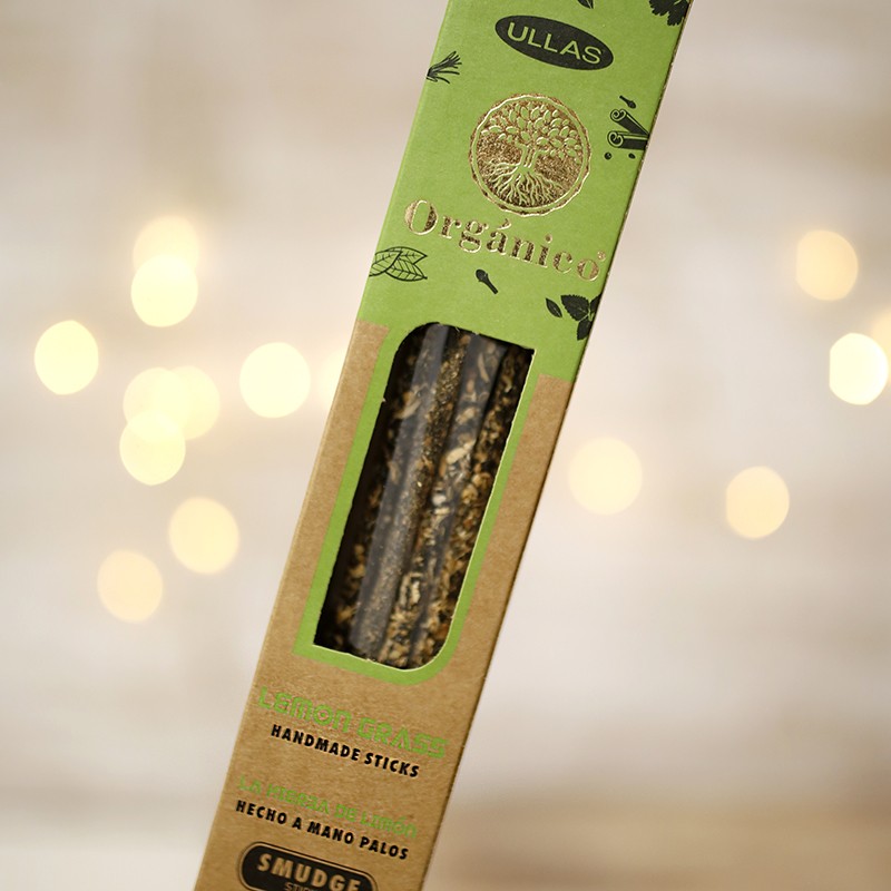 Incenso Orgânico de Erva-limão Caixa de sticks artesanais de citronela em embalagem com texto e janela transparente