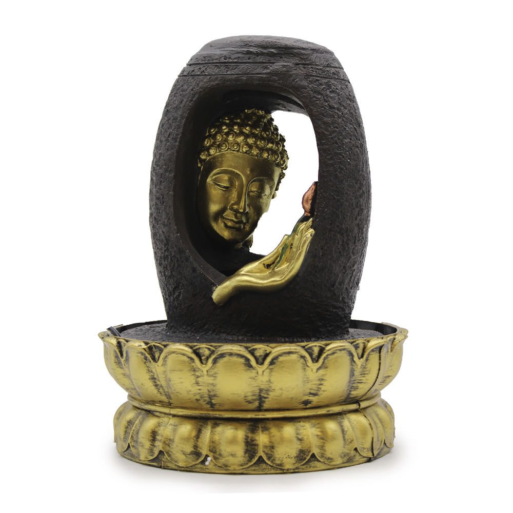 Fonte de Água Feng Shui - Buda Dourado e Vitarka Mudra Fonte decorativa com Buda dourado dentro de estrutura oval preta sobre base dourada