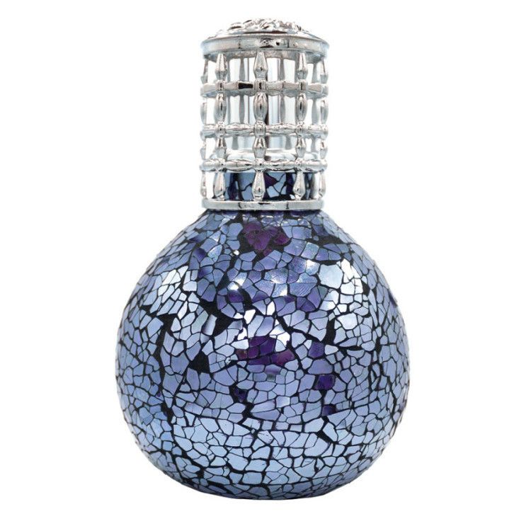 Lâmpada Catalítica Mosaico Ametista vaso decorativo redondo com padrão de mosaico azul e prateado e detalhes prateados no topo