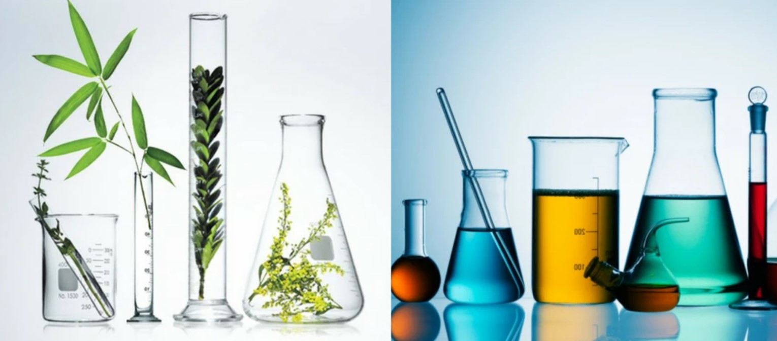 Sabe a diferença entre Óleos essenciais ou Aromas artificiais? Frascos e tubos de ensaio com líquidos coloridos e plantas verdes
