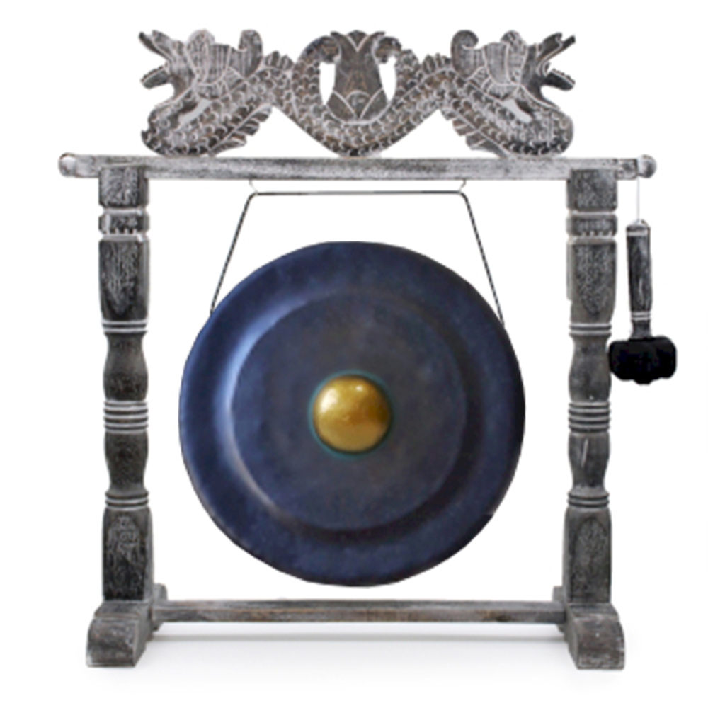 Gongo de Meditação Com Suporte 100cm Gongo tradicional em armação de madeira entalhada com gongue azul e centro dourado