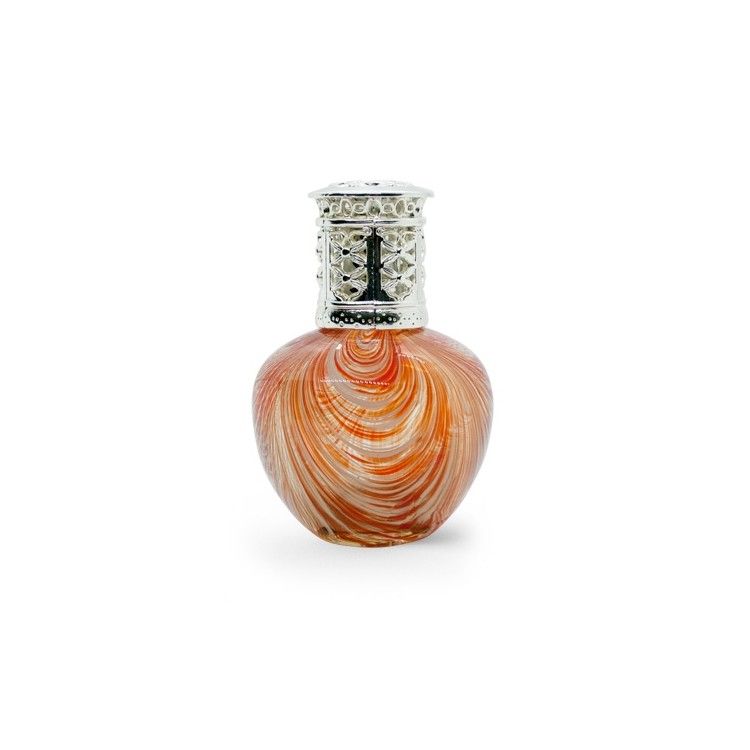Lâmpada Catalítica Ondas Laranja Frasco decorativo de vidro com padrão swirl em tons de laranja e tampa metálica prateada