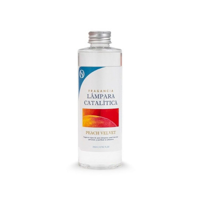 Frasco transparente de fragrância para lâmpada catalítica com rótulo branco azul e laranja