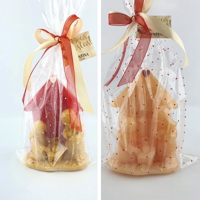 Figuras natalinas cerâmica embalada em saco transparente com laço e etiqueta