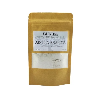 Embalagem dourada com argila branca em pó e rótulo 'Valentina Body Care Argila Branca'.