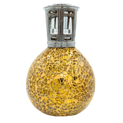 Candeeiro decorativo redondo em vidro amarelo com padrão mosaico e tampa metálica prateada