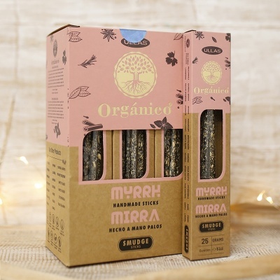 Caixa de sticks de mirra orgânicos feitos à mão para defumação em embalagem rosa e castanha