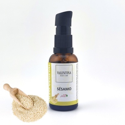 Frasco de óleo de sésamo Valentina Body Care com colher de sementes de sésamo