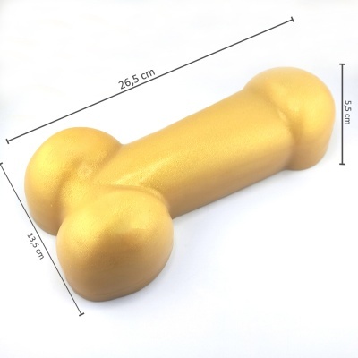 Osso amarelo de borracha com dimensões em fundo branco