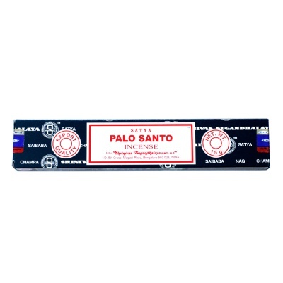 Caixa rectangular azul escuro de incenso Satya Palô Santo com texto branco e vermelho