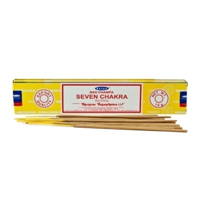 Incenso Nag Champa Seven Chakra e caixa amarela com texto