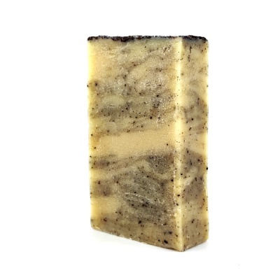 Sabonete sólido retangular bege com partículas escuras