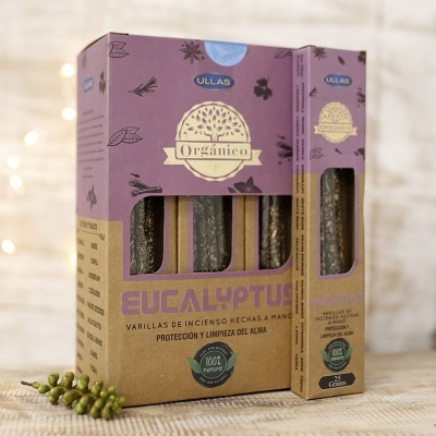 Embalagem de varinhas de incenso orgânicas Ullas aroma eucalipto