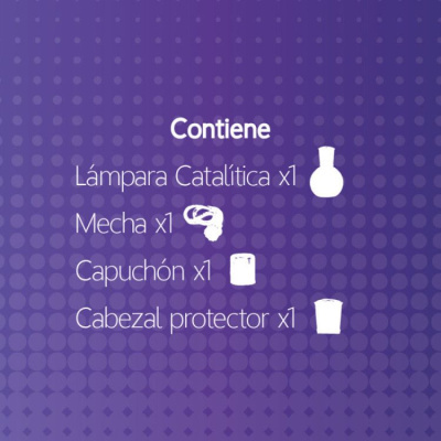 Lista de conteúdo do produto com texto em espanhol e ícones em fundo roxo