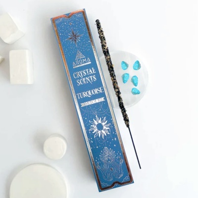 Caixa azul de incenso Aroma Crystal Scents Turquoise com pedras turquesa e incenso aceso